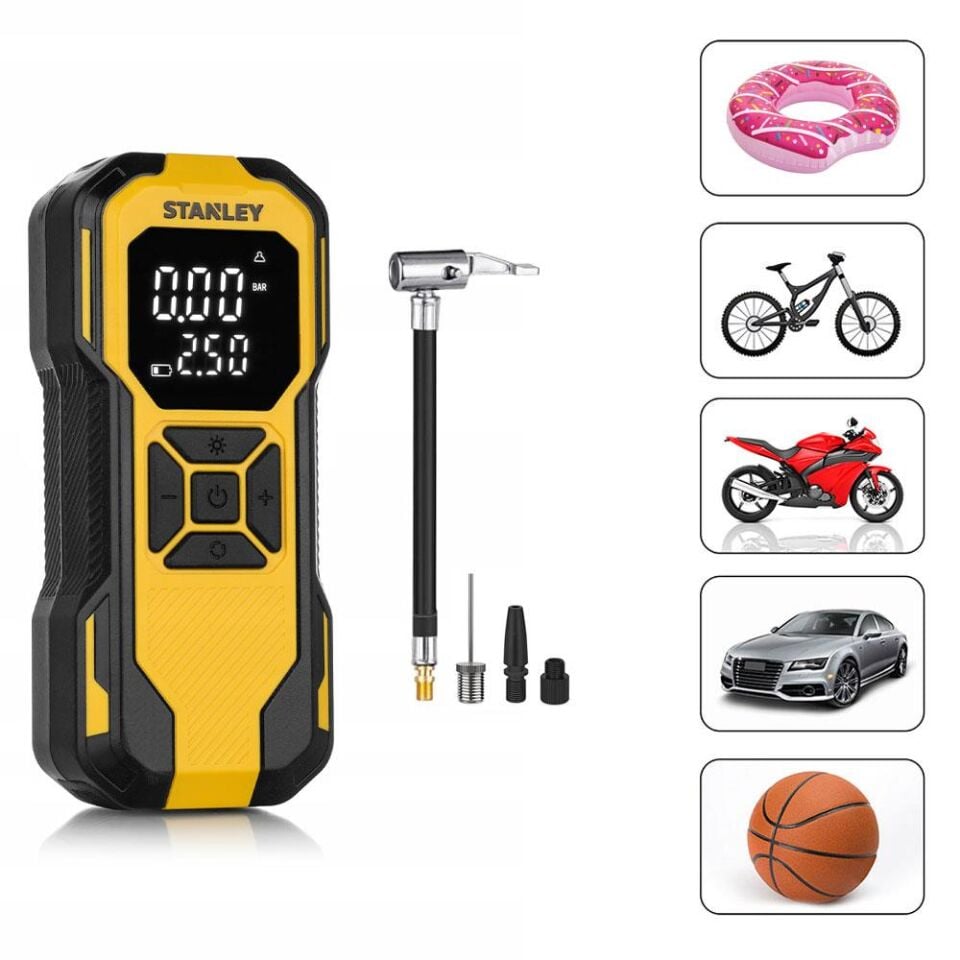 STANLEY SXIF0101 12V / Şarjlı Li-ion 150 PSI Dijital Göstergeli Akıllı Lastik Şişirme Pompası+Powerbank+SOS+Led Lamba