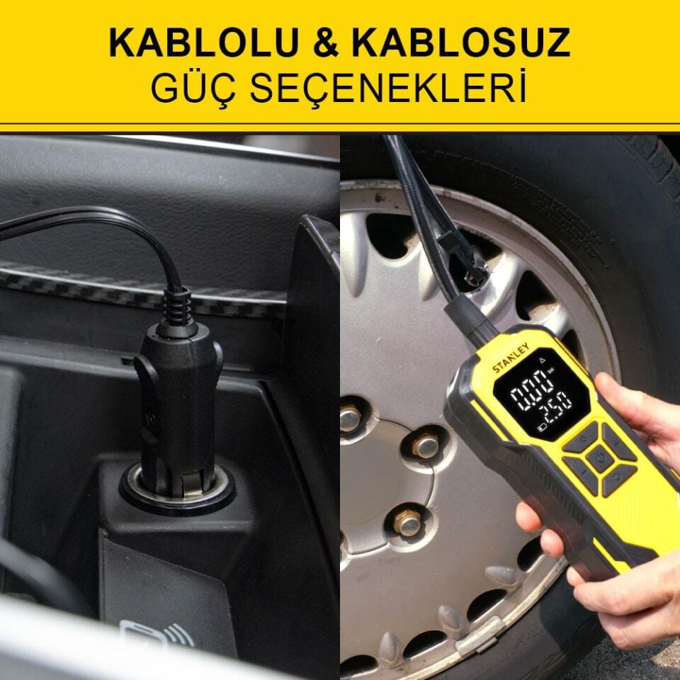 STANLEY SXIF0101 12V / Şarjlı Li-ion 150 PSI Dijital Göstergeli Akıllı Lastik Şişirme Pompası+Powerbank+SOS+Led Lamba