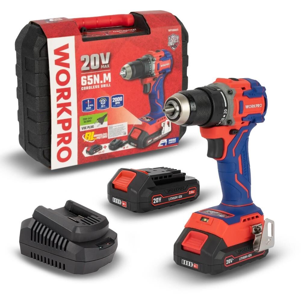 WORKPRO WP390022 20Volt 2.0Ah Li-ion 65Nm. Çift Akülü Kömürsüz Profesyonel Şarjlı Matkap