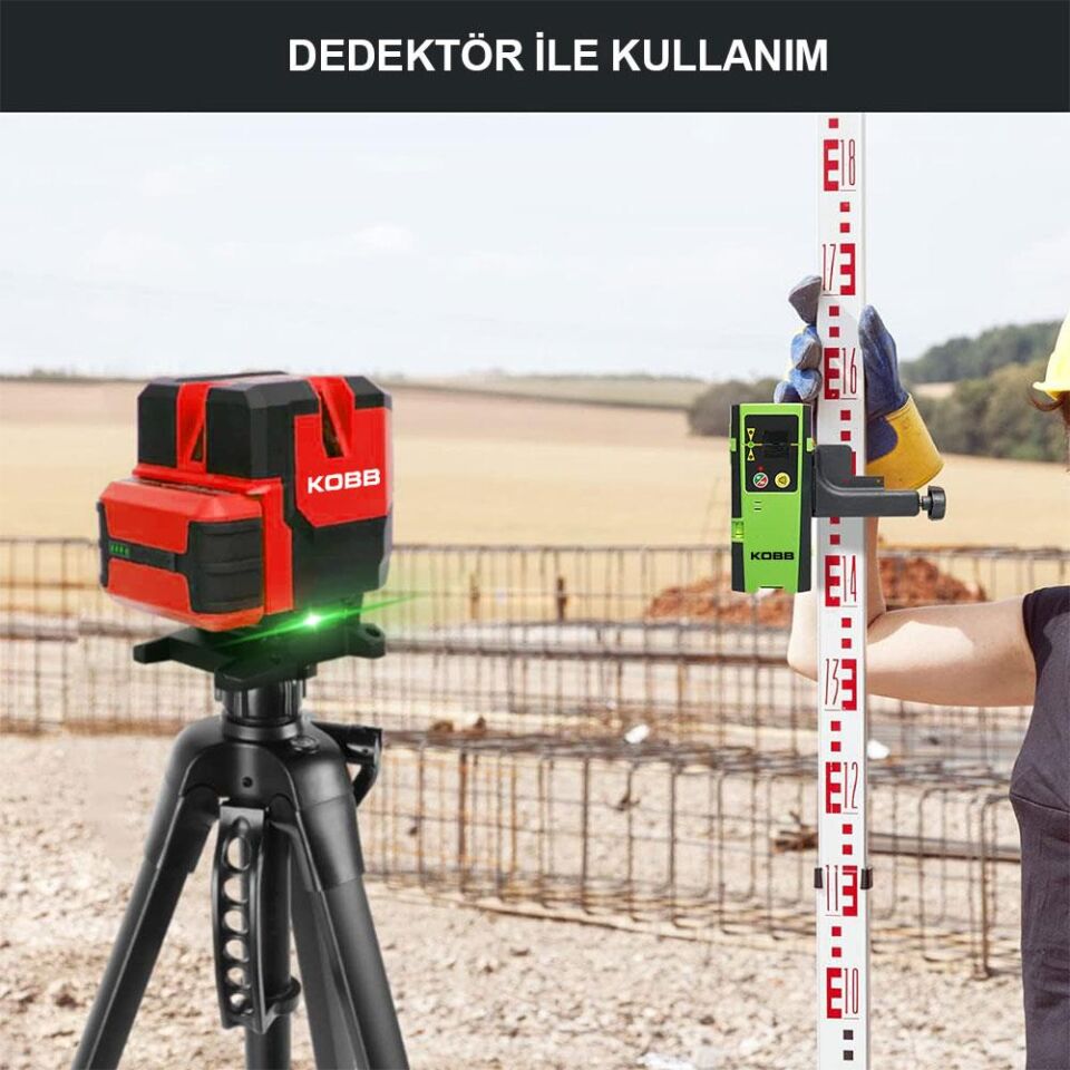 KOBB KBL41G 30Metre 4x90⁰/1x360⁰ Otomatik Hizalamalı Li-ion Çift Akülü Profesyonel Yeşil Çapraz Çizgi Lazer Distomat