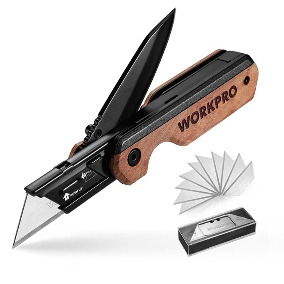WORKPRO WP211015 2-IN-1 Ahşap Saplı Profesyonel Cep Çakısı & Katlanır Rötuş Maket Bıçağı + 11 Adet Yedek Bıçak