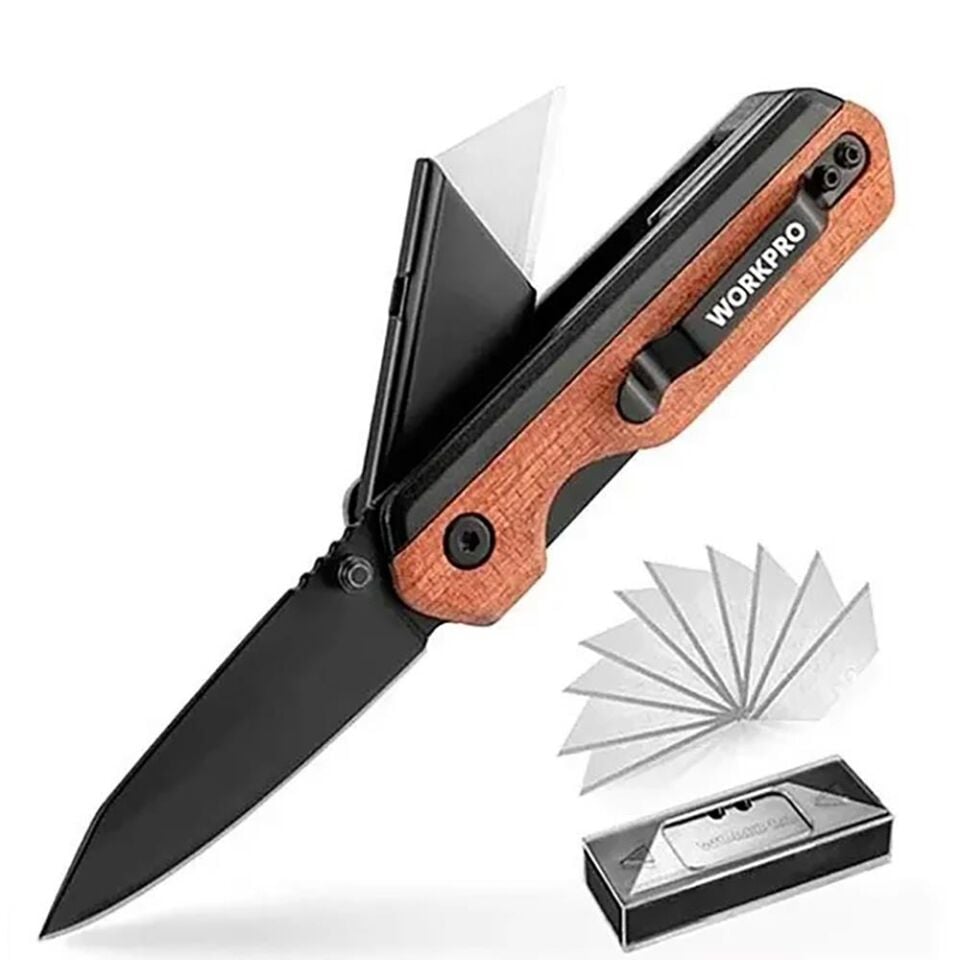 WORKPRO WP211015 2-IN-1 Ahşap Saplı Profesyonel Cep Çakısı & Katlanır Rötuş Maket Bıçağı + 11 Adet Yedek Bıçak