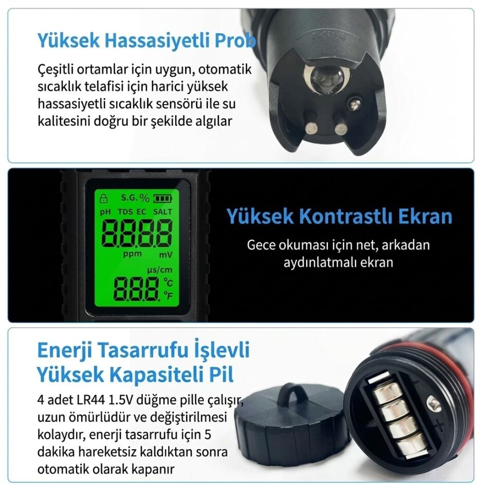 Çok Fonksiyonlu Dijital 7'si 1 Arada Su Kalitesi Test Cihazı | PH/TDS/EC/Tuzluluk/ORP/SG/Sıcaklık Ölçümü