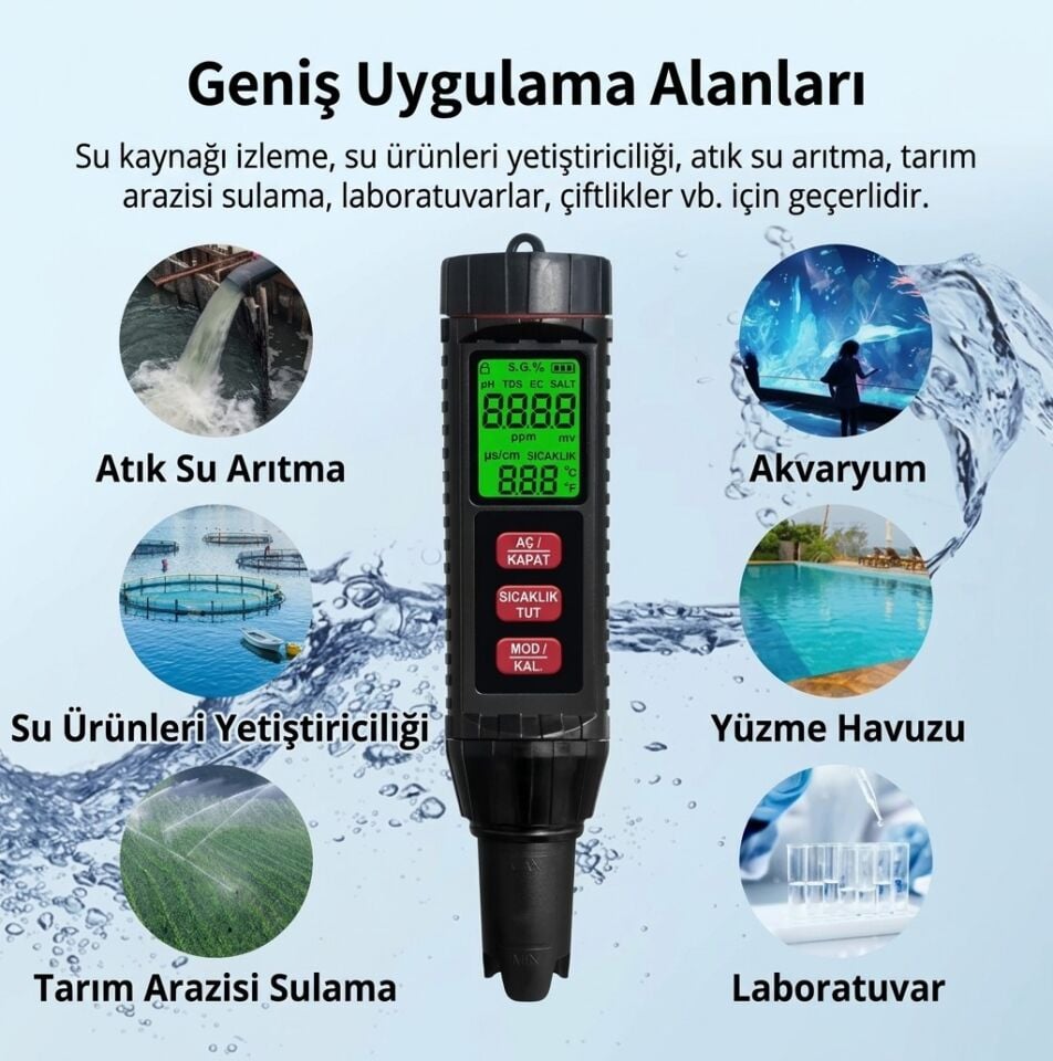 Çok Fonksiyonlu Dijital 7'si 1 Arada Su Kalitesi Test Cihazı | PH/TDS/EC/Tuzluluk/ORP/SG/Sıcaklık Ölçümü