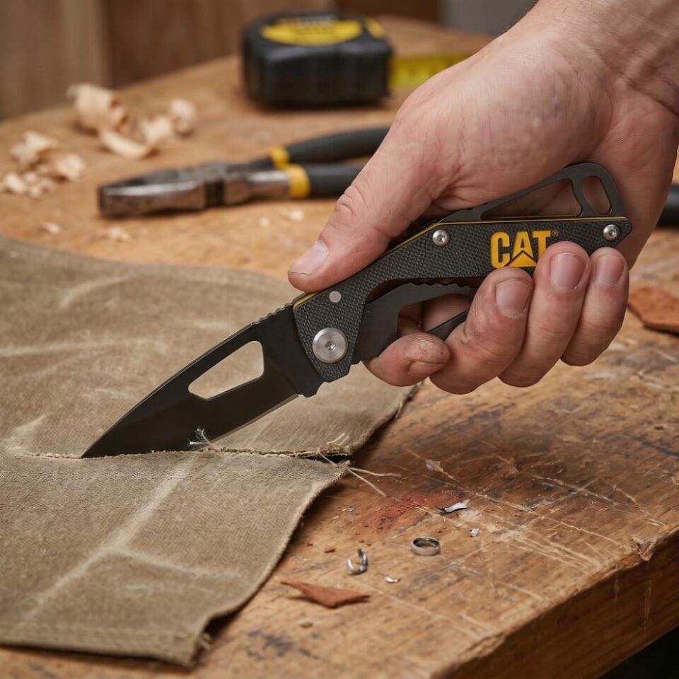CAT DA980265 Kemer Askı Kancalı Katlanabilir 13CM Paslanmaz Çelik Siyah Kamp Çakısı