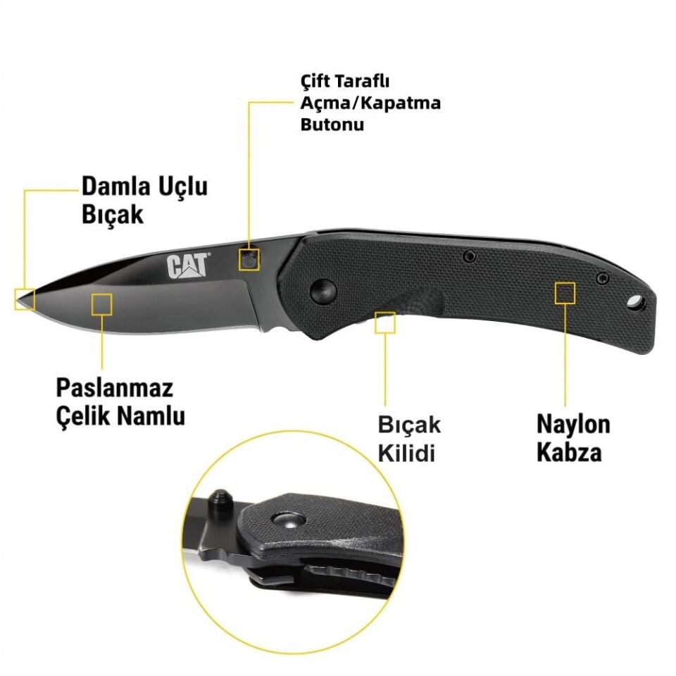 CAT DA980008 Kemer Askı Kancalı Katlanabilir 16CM Paslanmaz Çelik Siyah Kamp Çakısı Bıçağı
