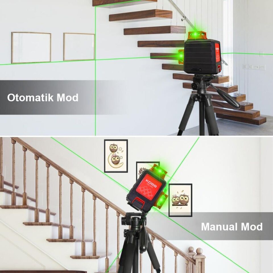 KOBB KBL34GTP 40 Metre Profesyonel Li-ion Şarjlı 3X360⁰ Otomatik Hizalamalı Yeşil Çapraz Çizgi Lazer Distomat+Tripod