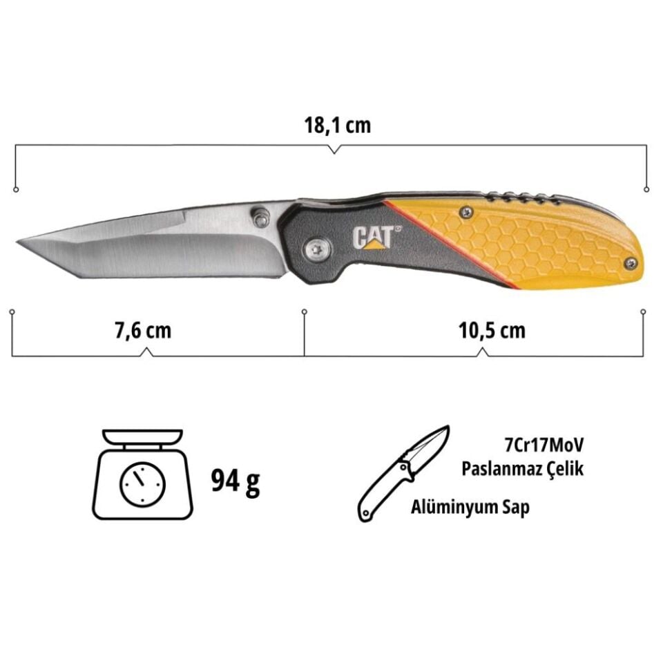 CAT DA980047 Kemer Askı Kancalı Katlanabilir 18CM Paslanmaz Çelik Kamp Çakısı