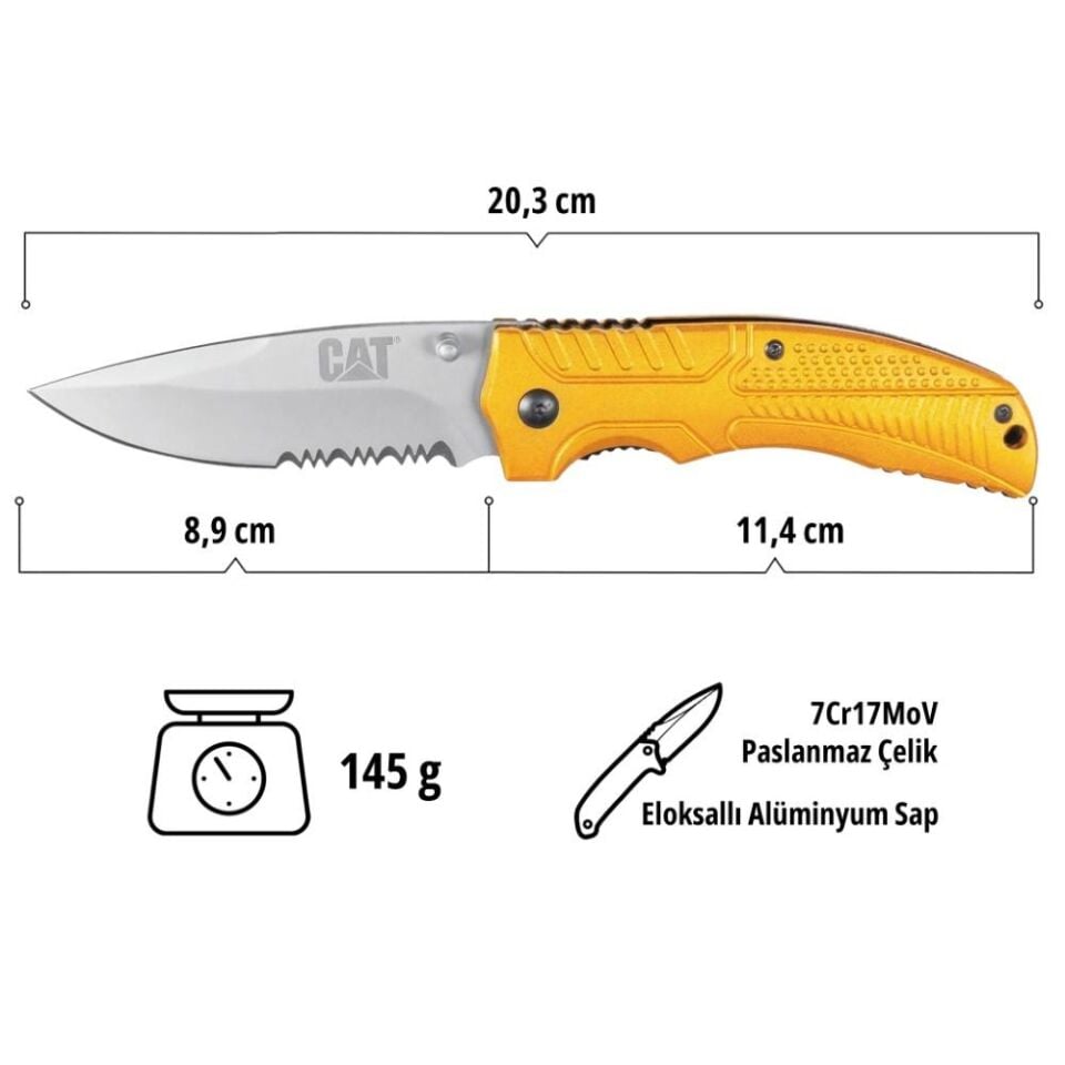 CAT DA980006 Kemer Askı Kancalı Katlanabilir 20CM Paslanmaz Çelik Sarı Kamp Çakısı
