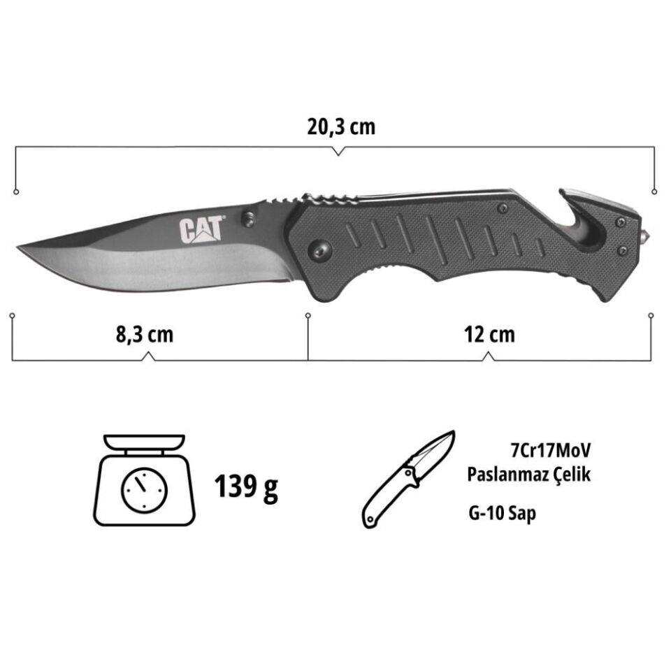 CAT DA980012 3 IN 1 Çok Fonksiyonlu Katlanabilir 20CM Paslanmaz Çelik Siyah Kamp Çakısı