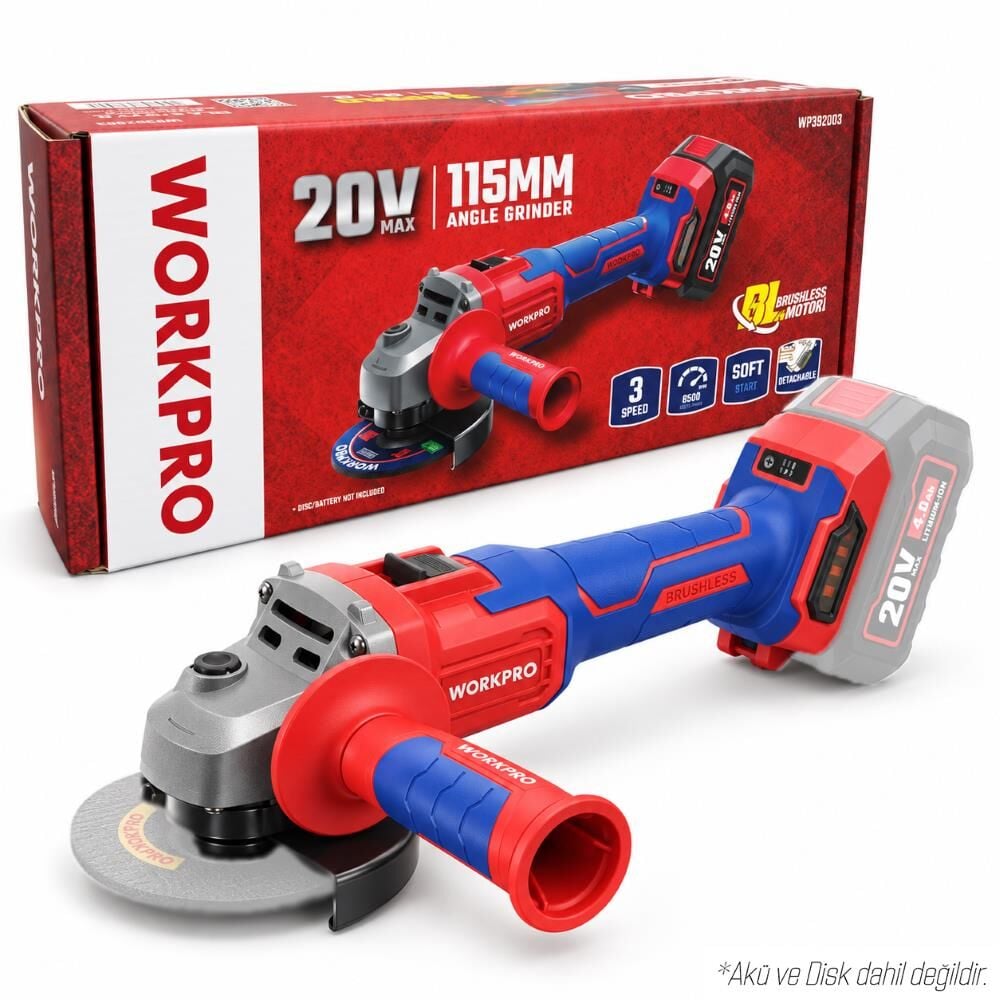 WORKPRO WP392003 20Volt 115mm Şarjlı Kömürsüz Devir Ayarlı Profesyonel Avuç Taşlama (Aküsüz)