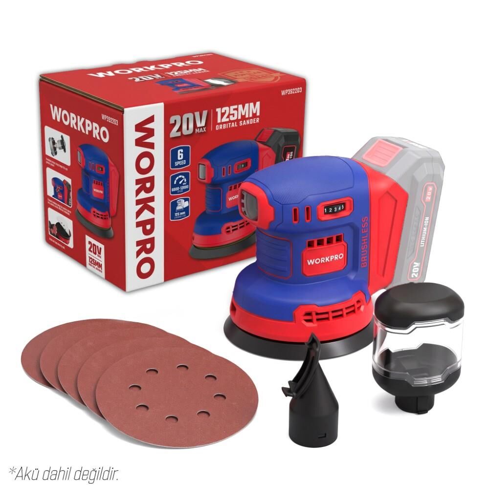 WORKPRO WP392203 20Volt 125mm Şarjlı Kömürsüz Devir Ayarlı Profesyonel Eksantrik Zımpara (Aküsüz)