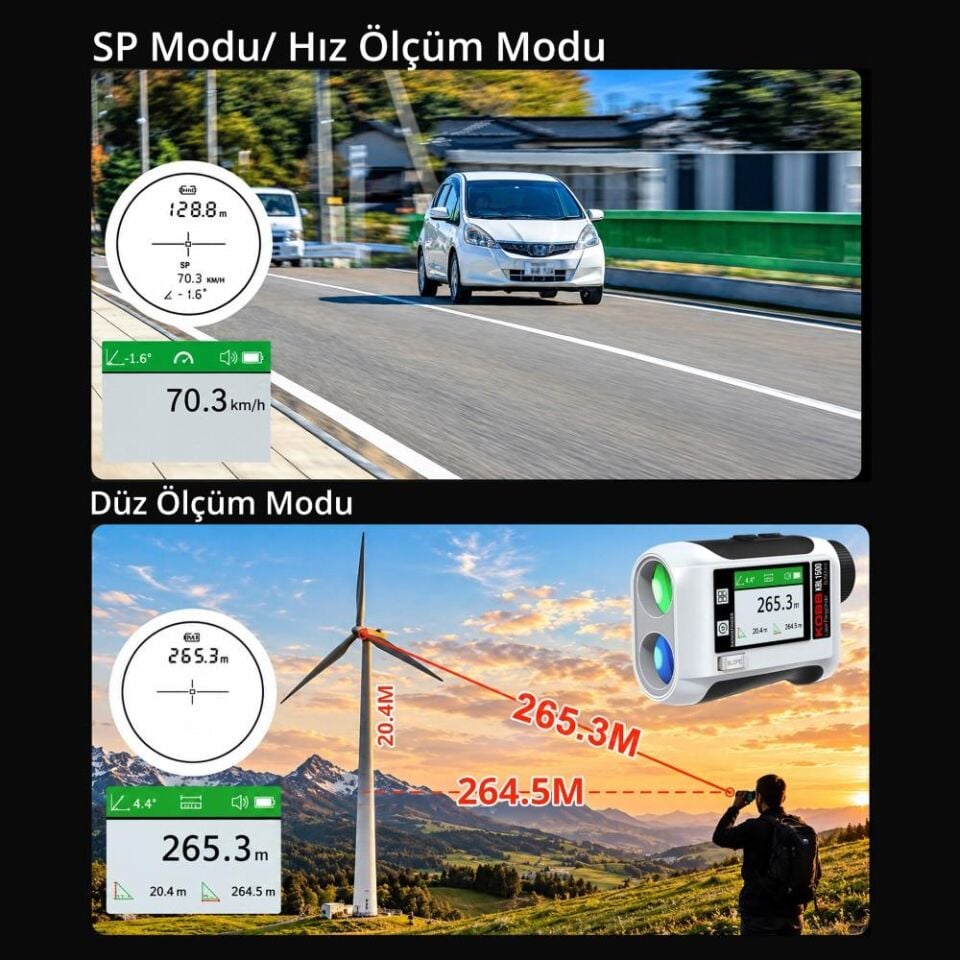 KOBB KBL1500 1500Mt 3.7V Li-ion LCD Ekran Şarjlı Profesyonel Optik Dürbünlü Golf Lazer Metre