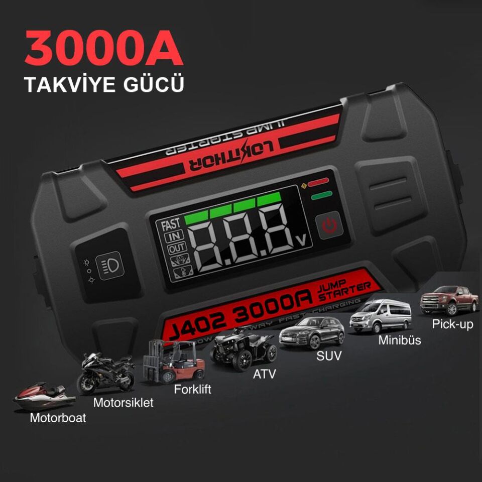 Lokithor J402 12V 3000Amp Li-Polimer Akıllı Akü Takviye + Powerbank + Led Lamba