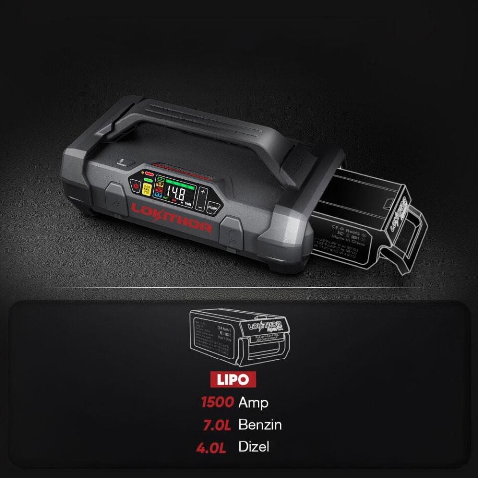 Lokithor APARTX1500 12V 1500Amp Li-Polimer Akıllı Akü Takviye + Pompa + Powerbank + Led Lamba