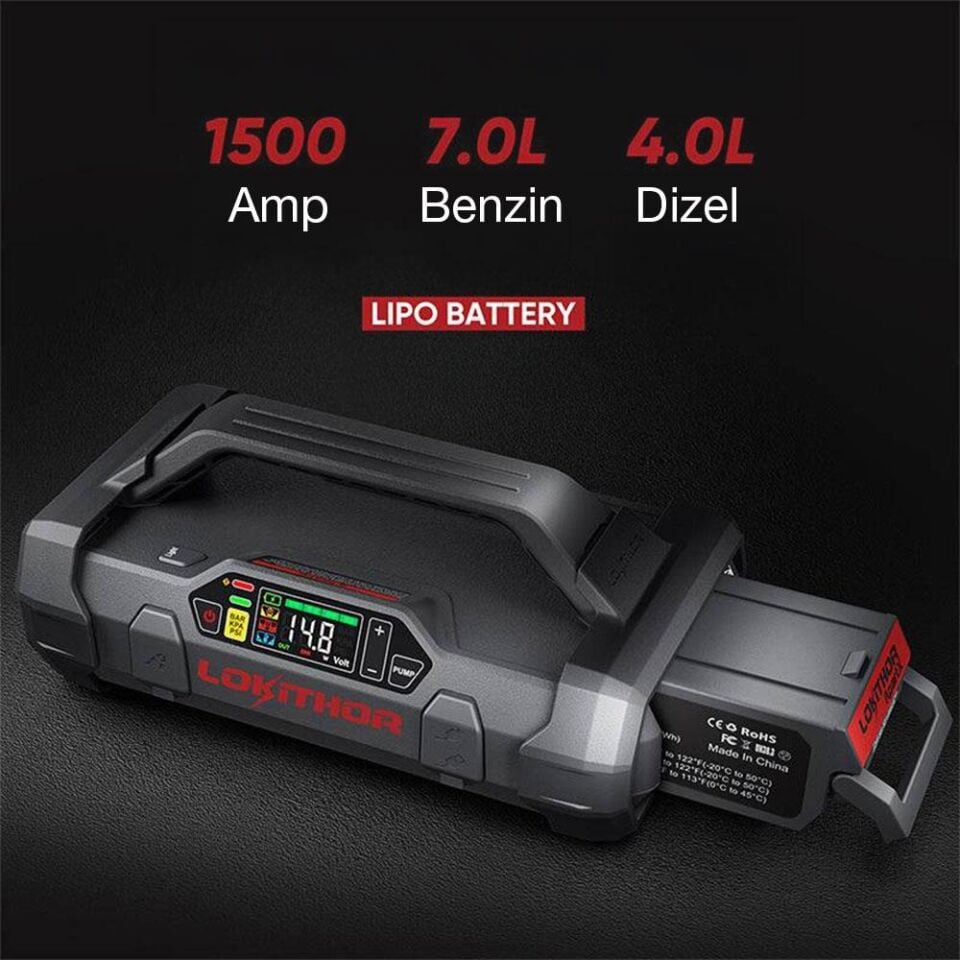 Lokithor APARTX1500 12V 1500Amp Li-Polimer Akıllı Akü Takviye + Pompa + Powerbank + Led Lamba
