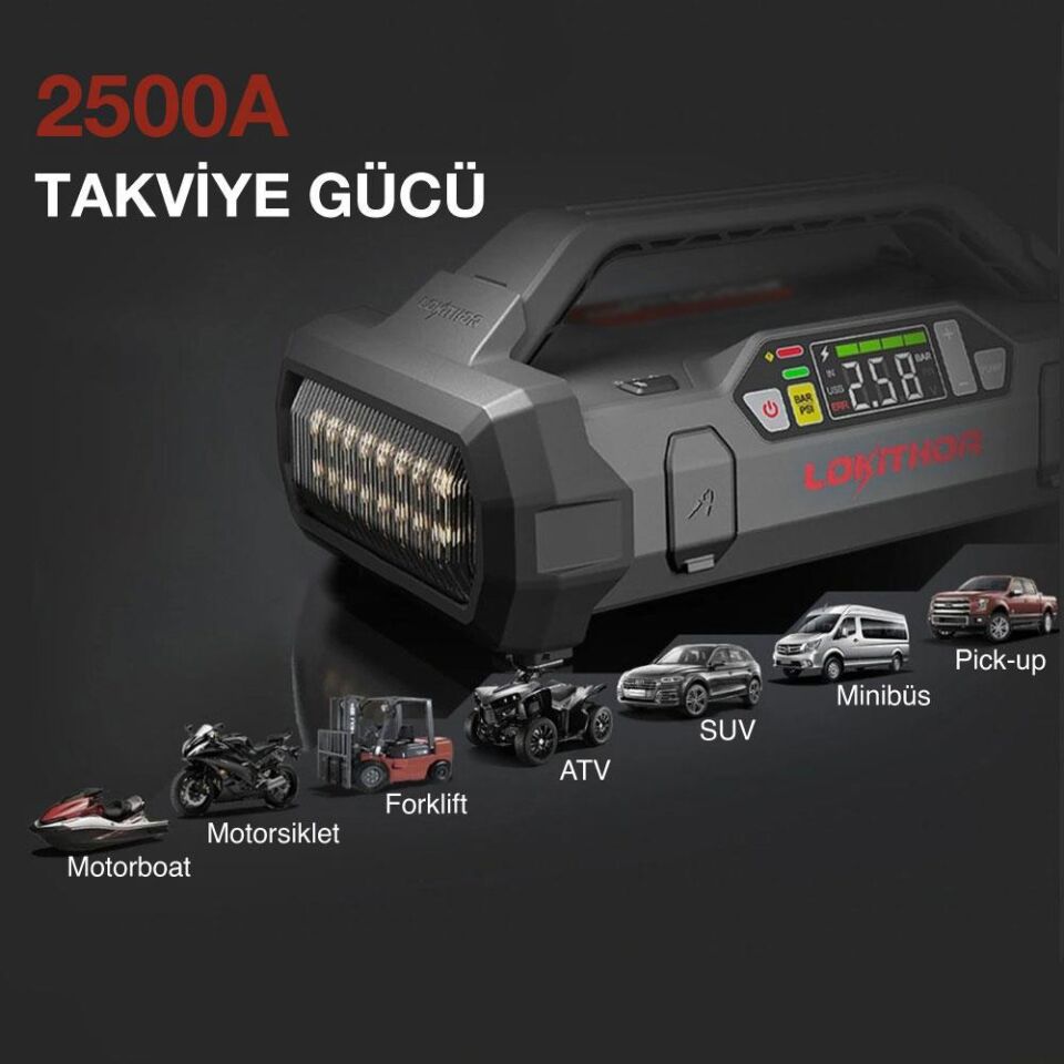 Lokithor APARTX2500 12V 2500Amp LiFePO4 Akıllı Akü Takviye + Pompa + Powerbank + Led Lamba