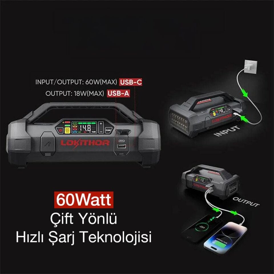 Lokithor APARTX4000 12V 4000Amp Li-Polimer Akıllı Akü Takviye + Pompa + Powerbank + Led Lamba