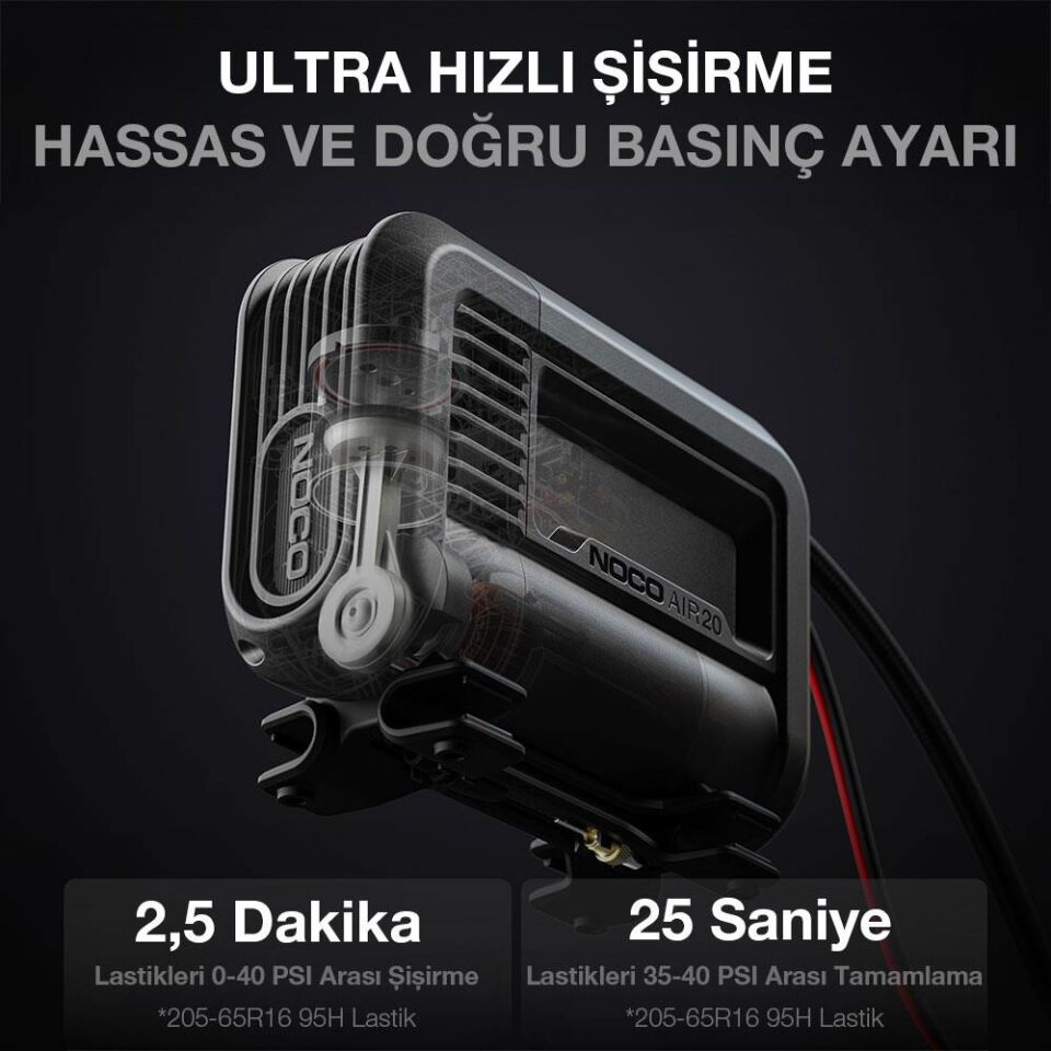 NOCO AIR20 12Volt Akü Bağlantı Maşalı 100 PSI Ayarlanabilir Dijital Basınç Göstergeli Profesyonel Lastik Şişirme Pompası